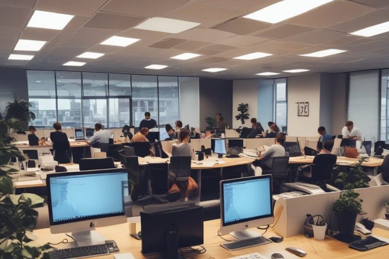Bureau moderne avec plusieurs employés travaillant sur des ordinateurs. 